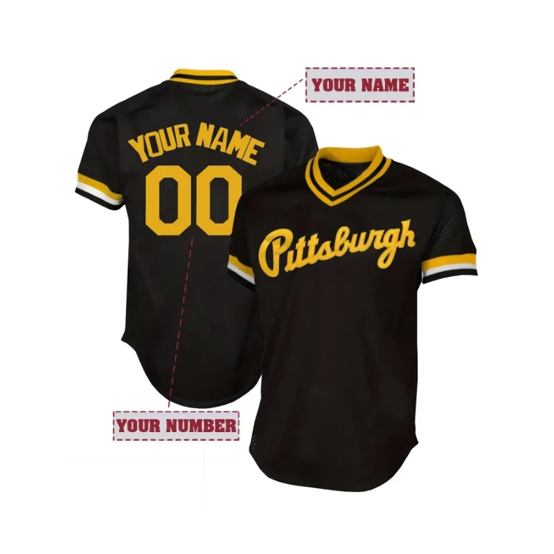 Customized Name And Number Men's Embroidery Baseball Jersey Pittsburgh Black V-Neck Personalized Short Sleeve Breathable T-Shirt