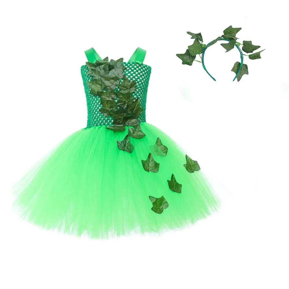 Children Posion Ivy Costume Tutu Dress with Headband Kids Halloween Costume Girls Tulle Dress Carnival Woodland Villain Costumes