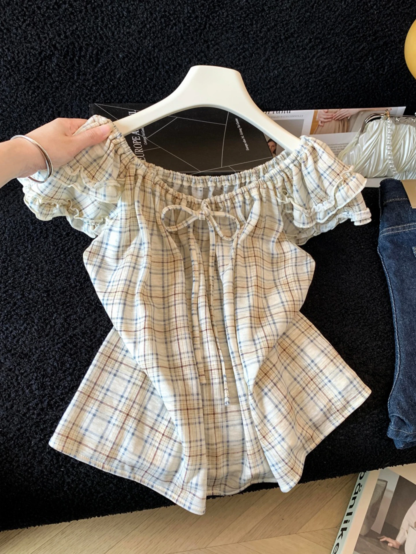 

Sweet Retro Plaid Wood Ear Short Sleeve Shirt Women's Summer New Style Pure Desirable Slimming Top Korean Style Breathable Sk...