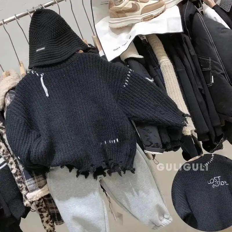 Children Clothing Boys Sweater Autumn and Winter Fashion Design Sense Fashionable Korean Style Black Casual Simple Sweater