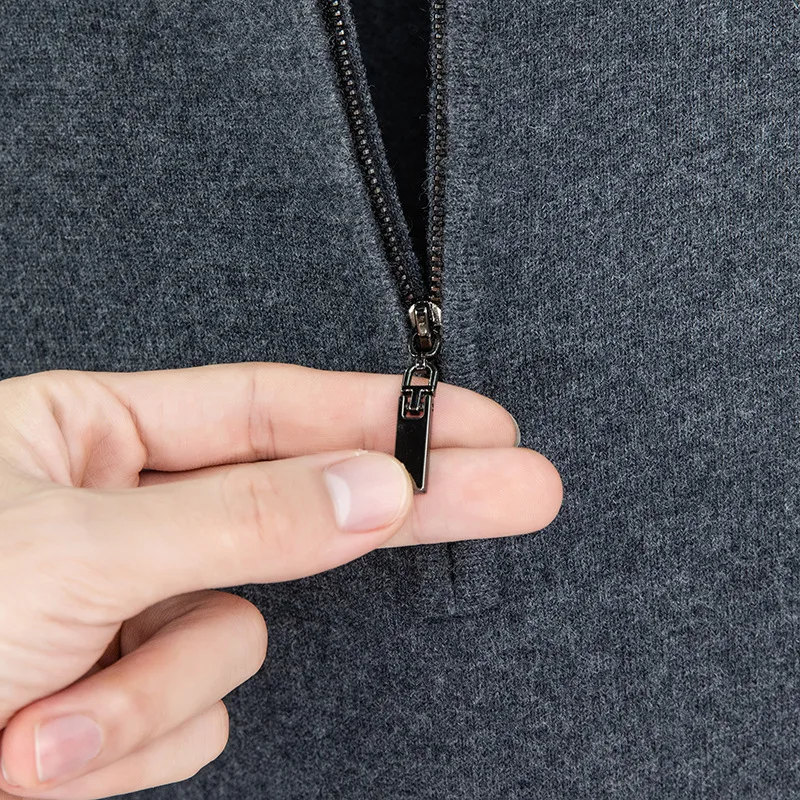 100% Wool Zip Up Sweater Men Autumn Winter Thick Pullover High Neck Sweater