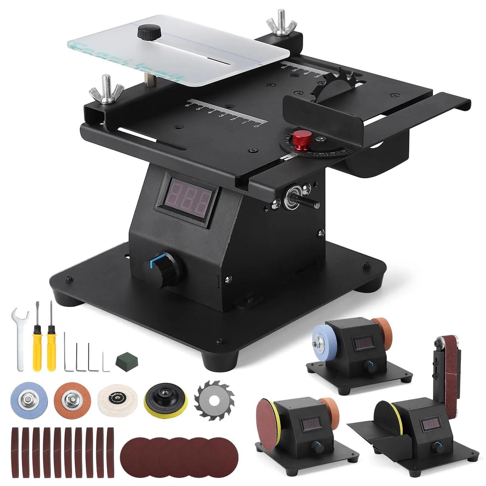 4-in-1 Mini Multi-functional Table Saw 0-90° Adjustable Grinder Polisher Kit 7-Speed LED Display 110V/220V