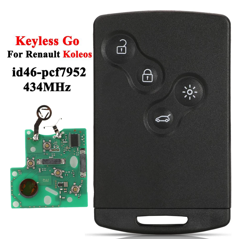 

Смарт-ключ Jingyuqin ID46 PCF7952 с чипом, 434 МГц, 4 кнопки, для Renault Koleos, с функцией Keyless Go, замена лезвия VA2