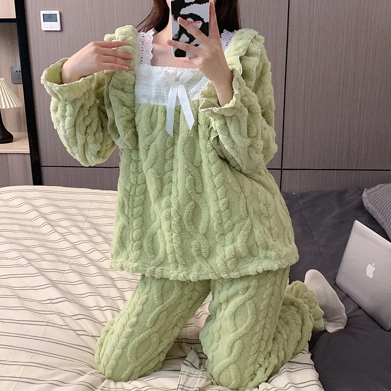 

Утолщенная фланелевая ночная рубашка, женская ночная рубашка с воротником-бабочкой, стиль принцессы, зимняя теплая домашняя одежда, длинные брюки с длинными рукавами, Leis...