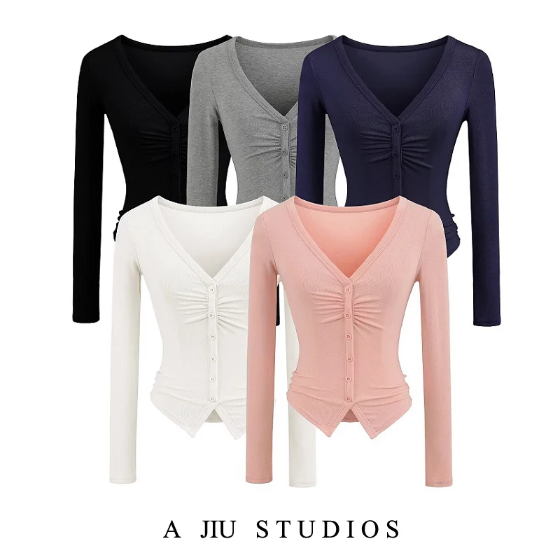 

Pure Desire Розовая футболка с v-образным вырезом и длинным светом, облегающая талия, женская сексуальная базовая футболка, осенний универсальный топ