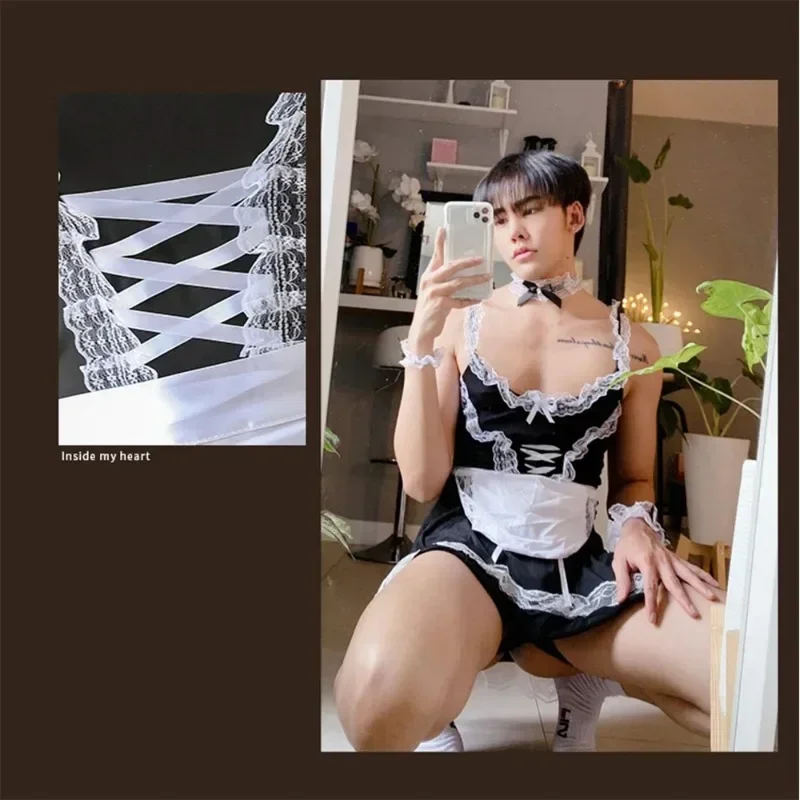 Erkek Seksi Sissy Artı Boyutu iç çamaşırı seti Adam Cosplay Hizmetçi Kıyafeti Dantel Askı Etek Roleplay Crossdresser Eşcinsel Fetiş Cosplay 18