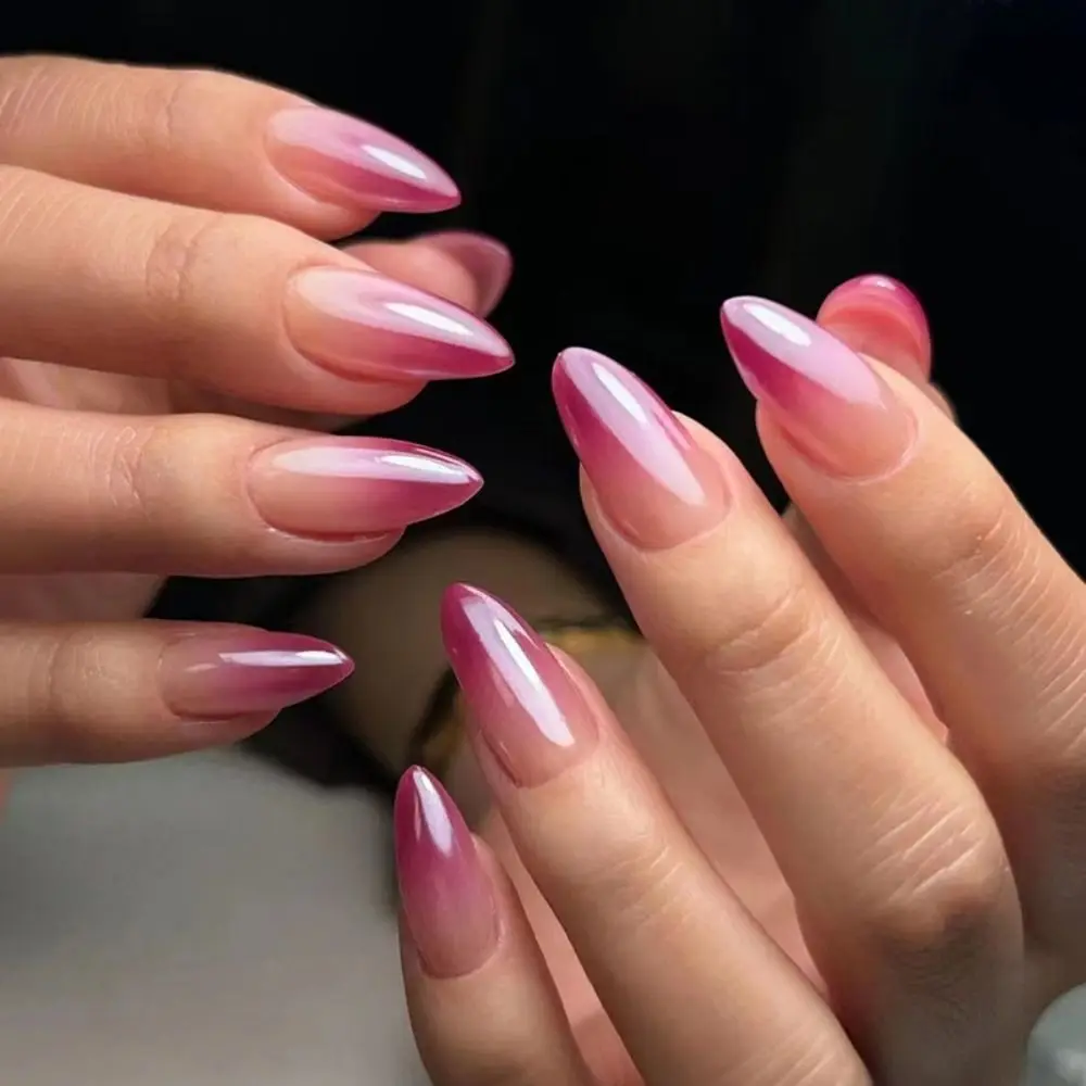 Manicure Long Almond False Nails Elegant French Press on Nails Detachable Rose Red Gradient Fake Nials DIY