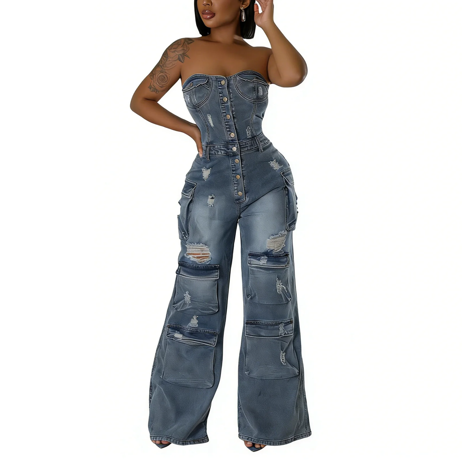 

Women Hollow Out Tassel V-Cut Chest Wrapping Jumpsuits Summer Casual Lady Studded Party One Piece Evening Jumpsuit Clothing