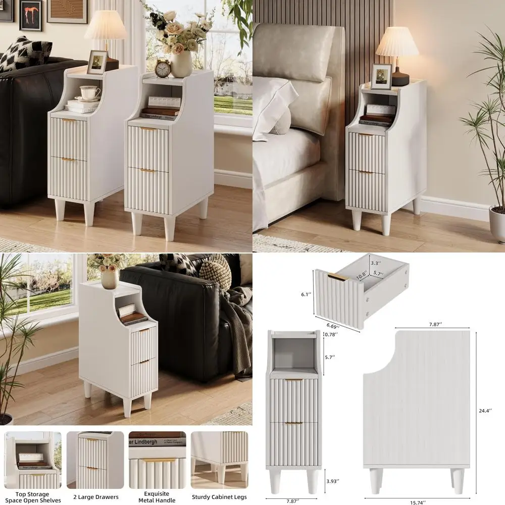 Farmhouse Style Nightstands Set of 2, Slim Double Drawer Bedside Tables, Modern Wood End Tables for Bedroom Storage Solutions