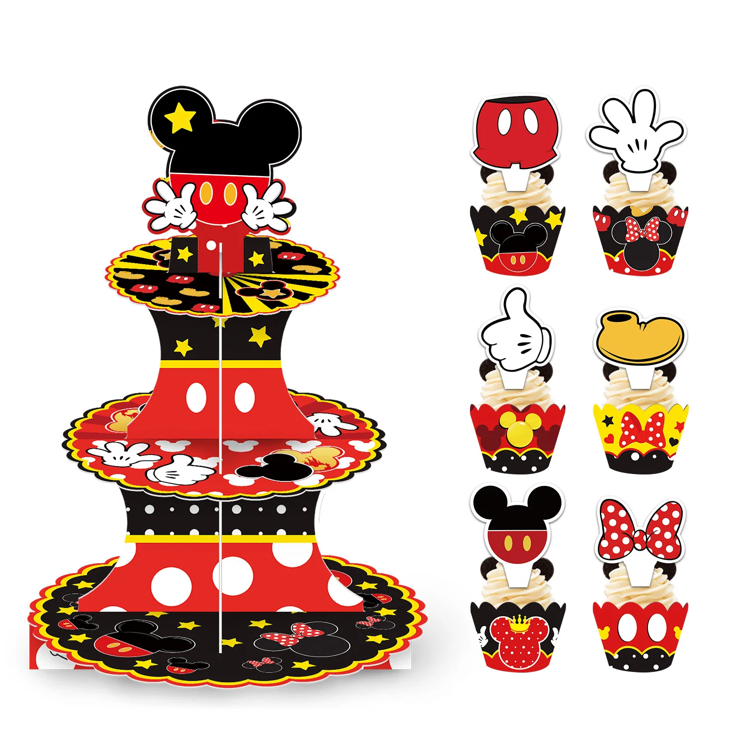 Mickey Mouse Birthday Party Decoration Kids Party Supplies Cute Cartoon 3 Tiers Cupcake Stand Cake Wrappers Dessert Toppers