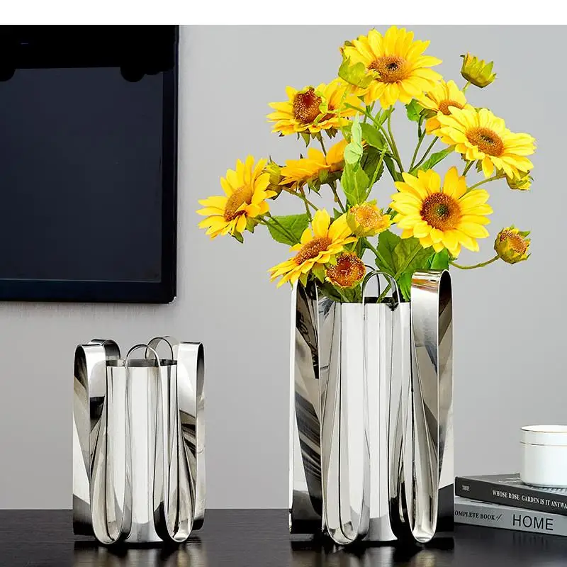 Light Luxury Gold Silver Stainless Steel Vase Wave Curved Living Room Decoration Table Flower Arrangement Home