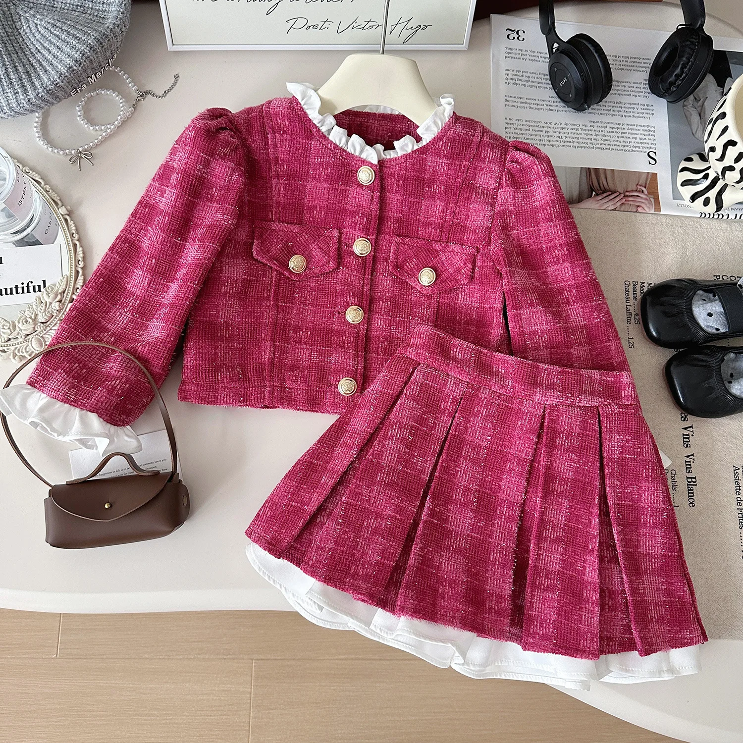 

Girls Woolen Clothes Sets Spring Autumn 2025 Children Coats Skirts 2pcs Party Dress Suit For Baby Outfits Kids Princess Costume