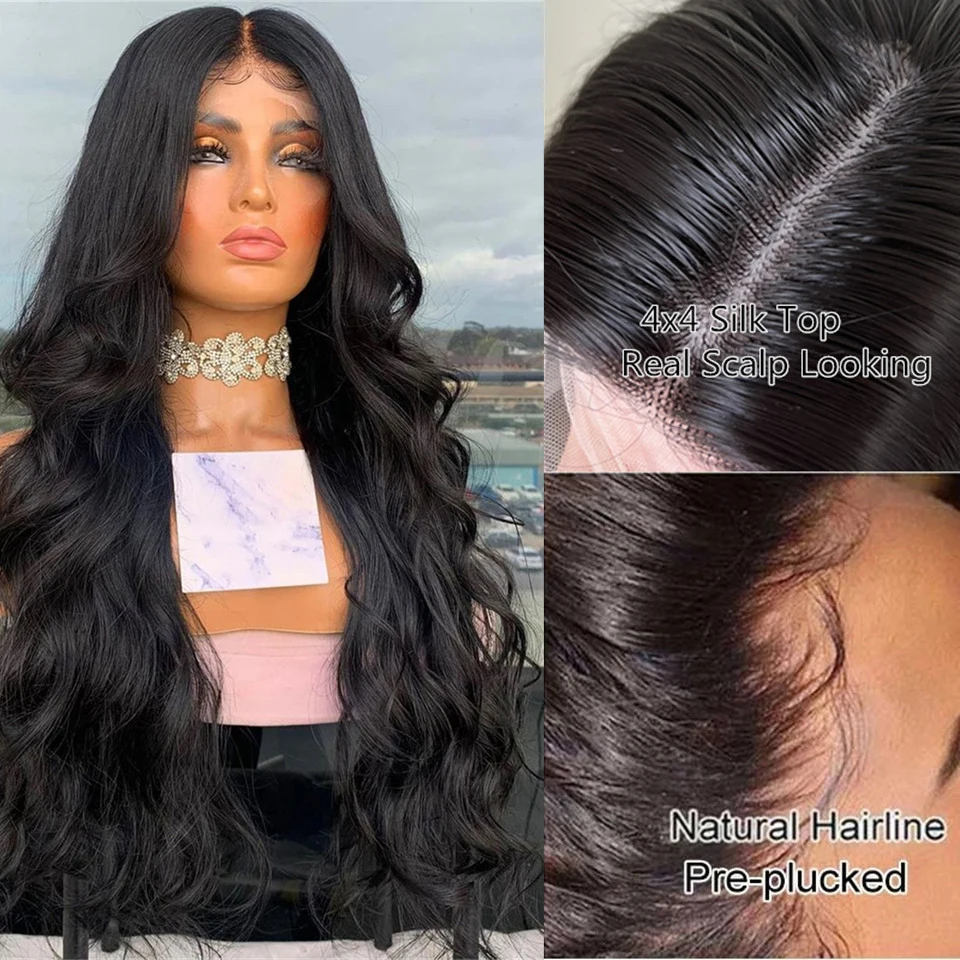 

Black Color Lace Front Wigs Glueless 4x4 Silk Base Scalp Heat Resistant Fiber Synthetic Wig Wigs 150% Density BodyWavy For Women