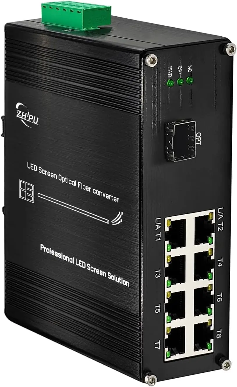 

LED Screen Fiber Converter – 1x10G SFP+ Fiber Port + 8X 10/100/1000M Ethernet RJ45 Ports, 20KM Transmission, Industrial-Grade