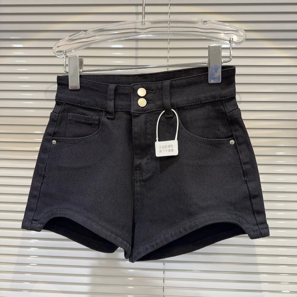 Fashion Spring Autumn Solid Color Retro Arc Edge Denim Shorts Female High Waist Pocket Zipper Button Loose Shorts for Women