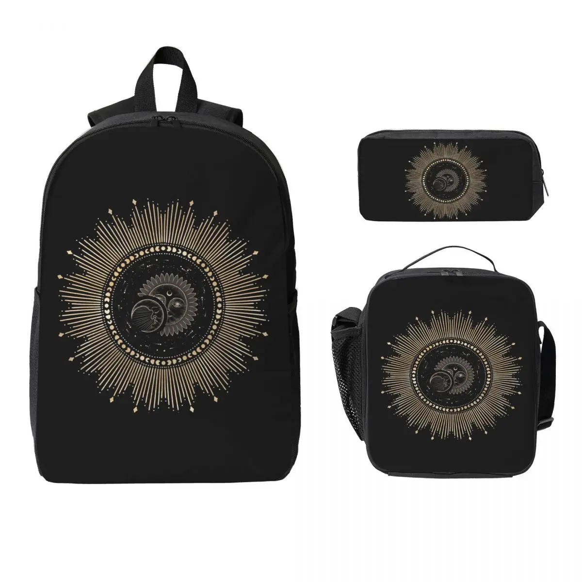 

Boho Golden Crescent Moon And Sun Witch Backpack BookBag School Bag Laptop Shoulder Bags 3ps Insulated Lunch Bag Pencil Case