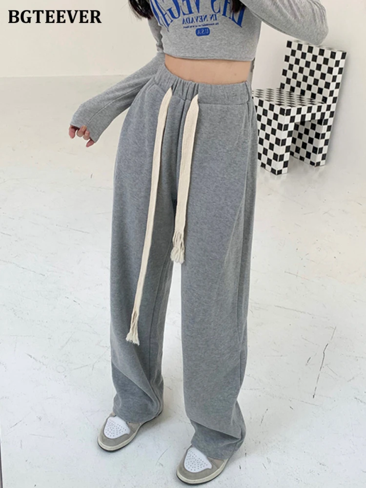 BGTEEVER Spring Drawstring Trousers for Women Casual Elastic Waist Loose Pockets Solid Wide Leg Long Pants Female