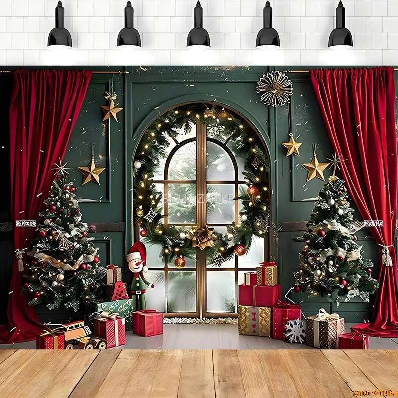 SHUOZHIKE  Christmas Wreath Window Photography Backdrops Prop Happy New Year Decoration Family Holiday Party Background RR-66