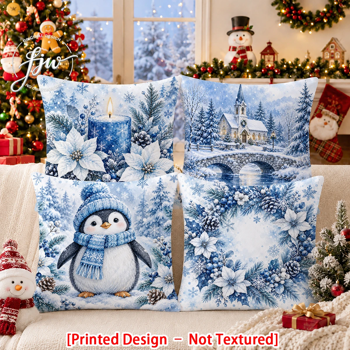 2/4pc /2 Christmas Winter Throw Pillow Covers Blue Snowy Penguin Church Holiday Cushion Cases for Home Sofa Decor