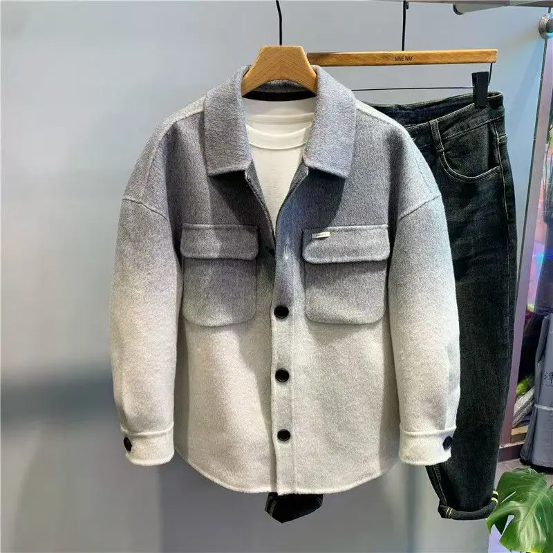 

Мужское шерстяное пальто с градиентным цветом, модное, свободное, теплое, осенне-зимнее, с воротником-стойкой