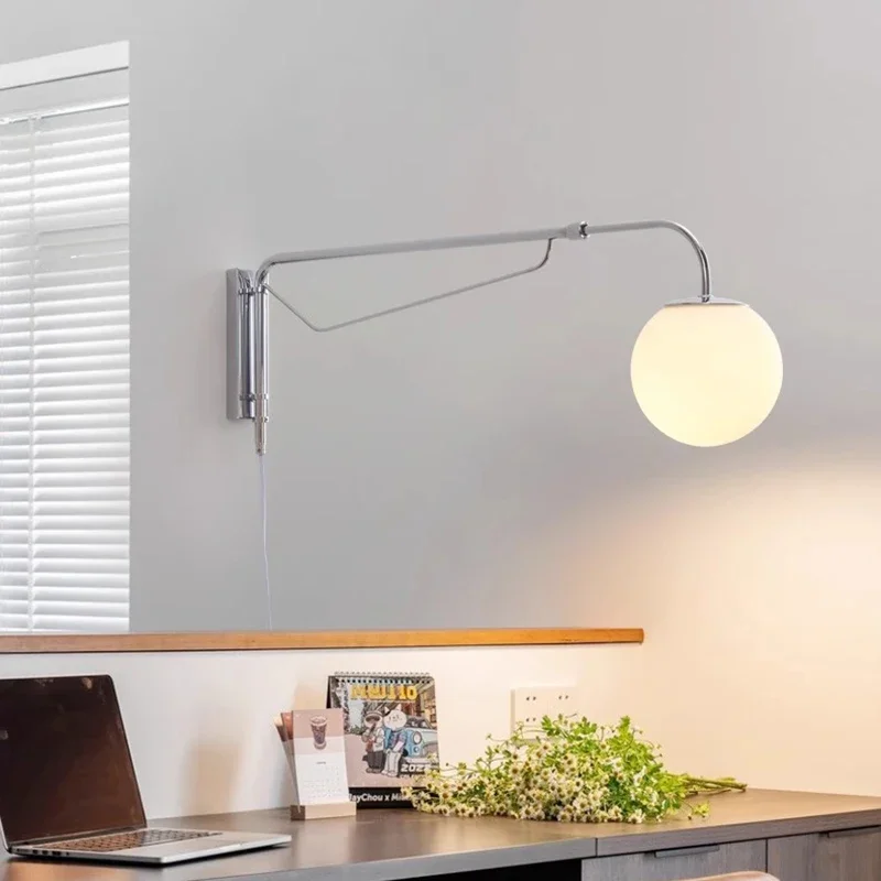 2025 Modern Chrome Long Pole Rocker Arm Wall Lamps Rotatable Retractable Long Arm Lamp Minimalist Bedroom Living Room Wall Light