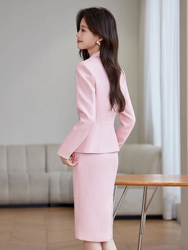 طقم بدلة بلون زهر الكرز للنساء، أزياء الربيع المهنية، سترة رسمية للضيافة مع بنطلون