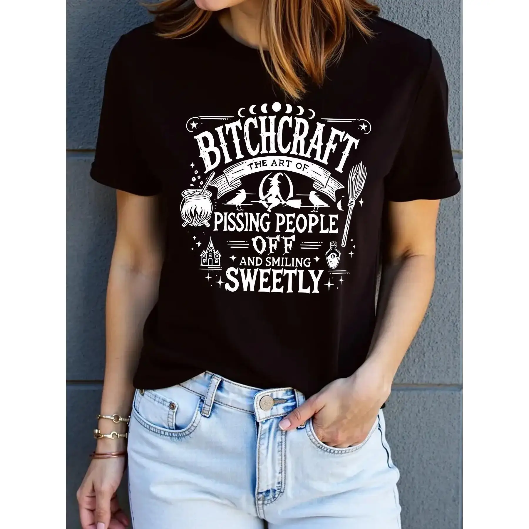 

The Art Of Pissing People Off And Smiling Sweetly" Graphic Tee - Casual Black Short Sleeve Crew Neck T-Shirt With Playful Illust