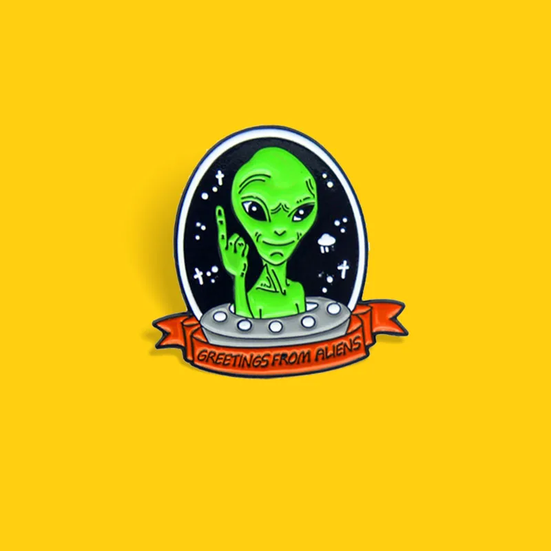 GREETINGS FROM ALIENS Enamel Pins UFO spaceship Planet Green Alien Brooches Space Universe Cosmic Life Badges Jewelry Wholesale