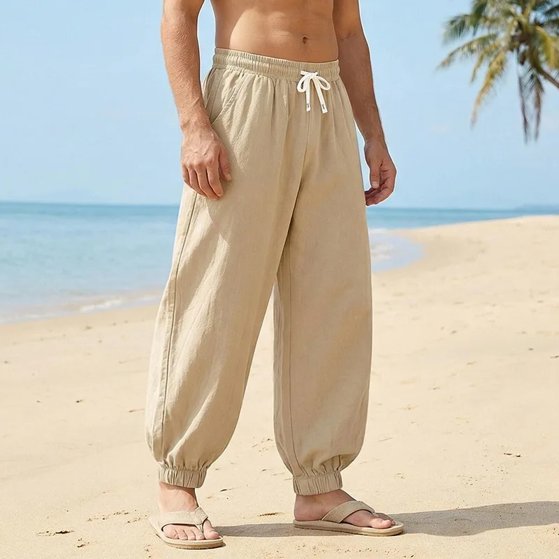 Europäische und amerikanische Freizeithose für Herren: Sommerliche Strand-Leinenhose in Übergröße mit Bündchen am Knöchel – Detail 40