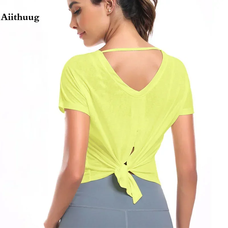 Aiithuug Sexy Back Yoga Tops Yoga Blouse Cool Feeling Quick Dry Gym Shirts Sport Yoga Short Sleeve Dopamine Sports Dressing