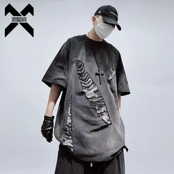 Hip Hop Oversize Washed T-Shirt Vintage Streetwear Harajuku Hole Ripped Patch T Shirt Men Summer Short Sleeve Tshirt Cotton Tops