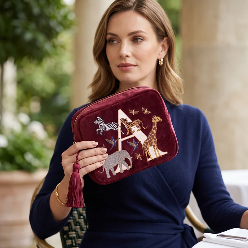 Women's Luxury Makeup Bag Imitation Embroidery Design Velvet Material For Vanity Multi Layer Cosmetics Storage Pouch