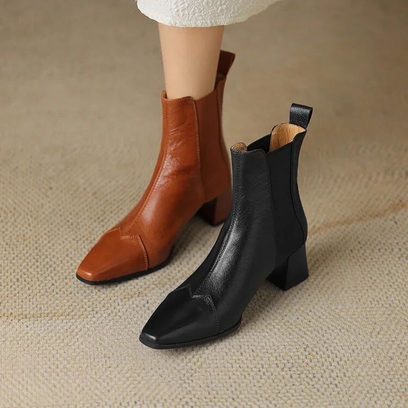 Autumn Women Boots Square Toe Chunky Heel Short Boots Women Genuine Leather Shoes for Women Slip-on Boots Pleated Ladies Shoes