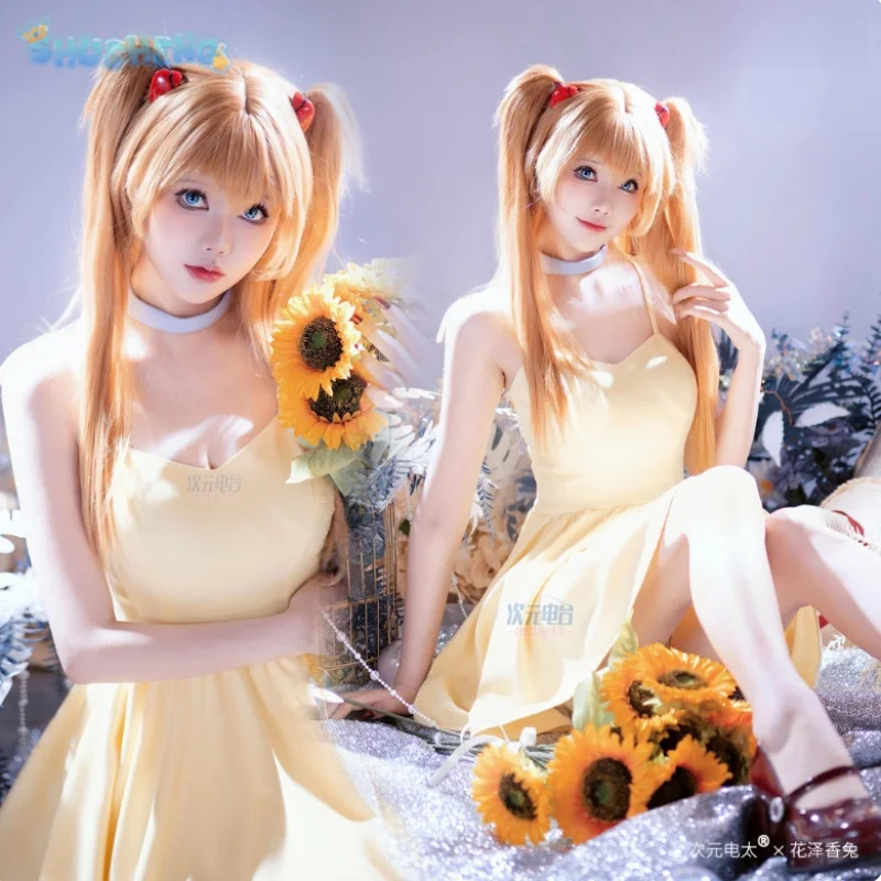 

Asuka Langley Soryu Anime EVA Cosplay Costume Halloween Carnival Yellow Summer Sweet Dress Adult Women's New Uniform S-XL