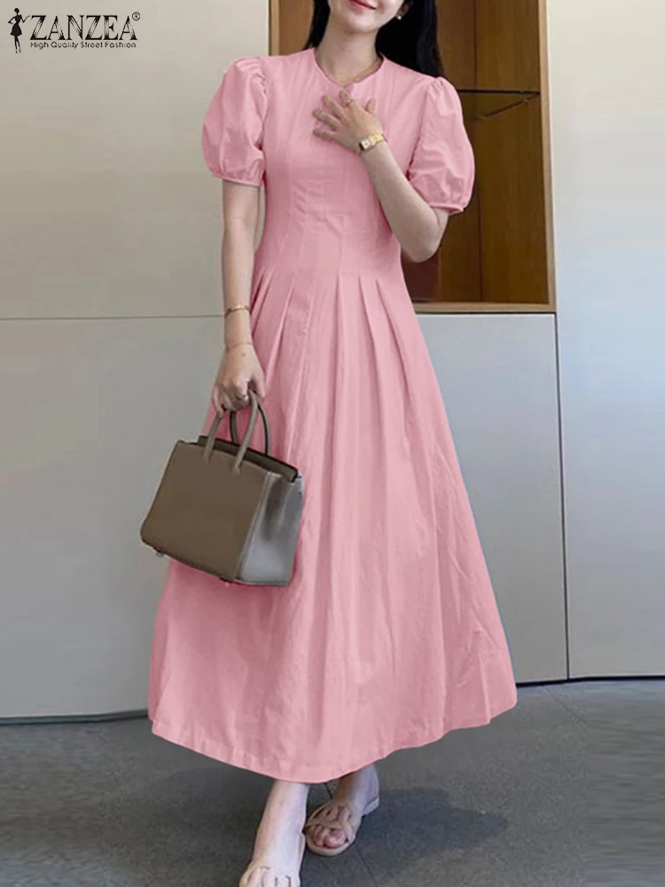 

ZANZEA 2025 Fashion Maxi Dress Women Short Puff Sleeve Sundress Vintage A-Line Vestidos Summer Casual Loose Solid Robe Femme