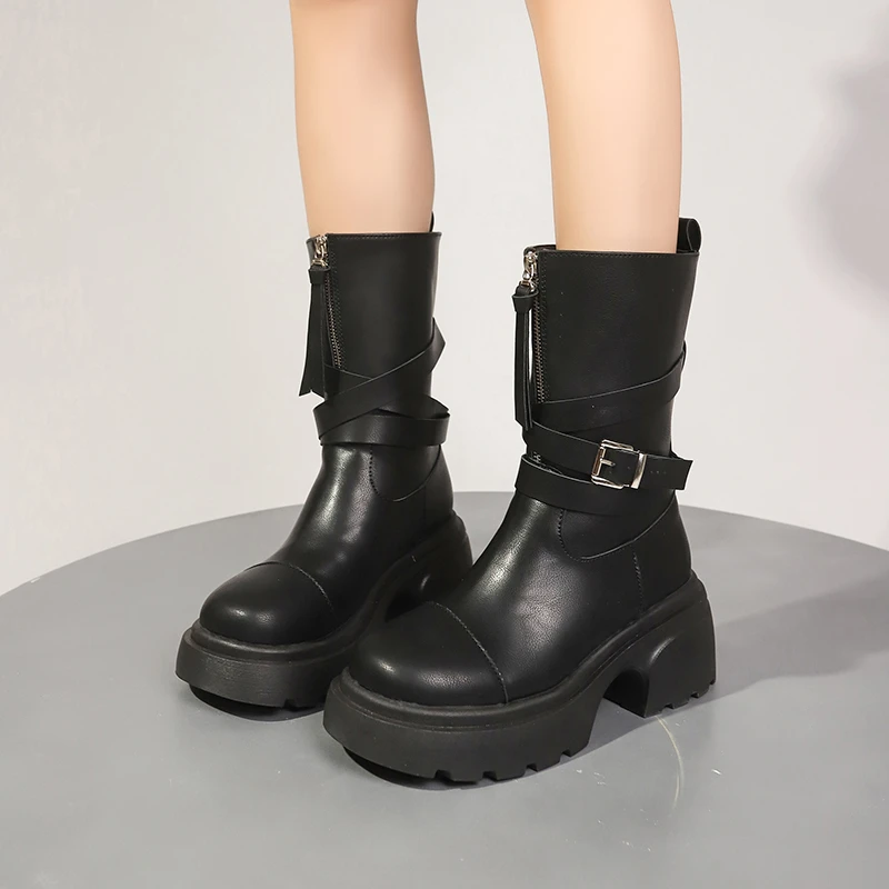 Botas de salto alto Lolita com zíper para mulheres, calçado redondo, designer de luxo, rock, couro, borracha, outono, inverno, 2024