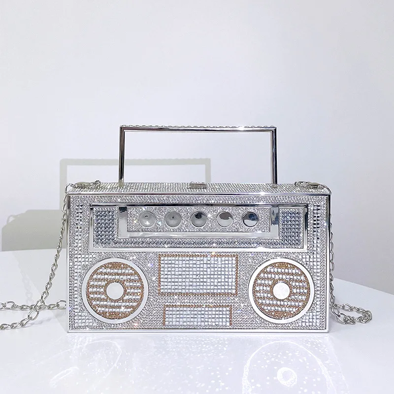 2024 Luxury Designer Full Diamond Evening Clutch Bag Ladies 3D Rhinestone Radio Handbag Fashion Party Shiny Crystal Shoulder Bag