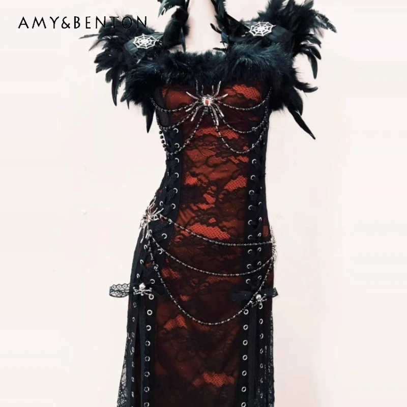 

Original Design Dark Court Style Feather U-shaped Collar Women's Dress Brother New Gothic Beaded Embroidery Mesh Dresses Ladies