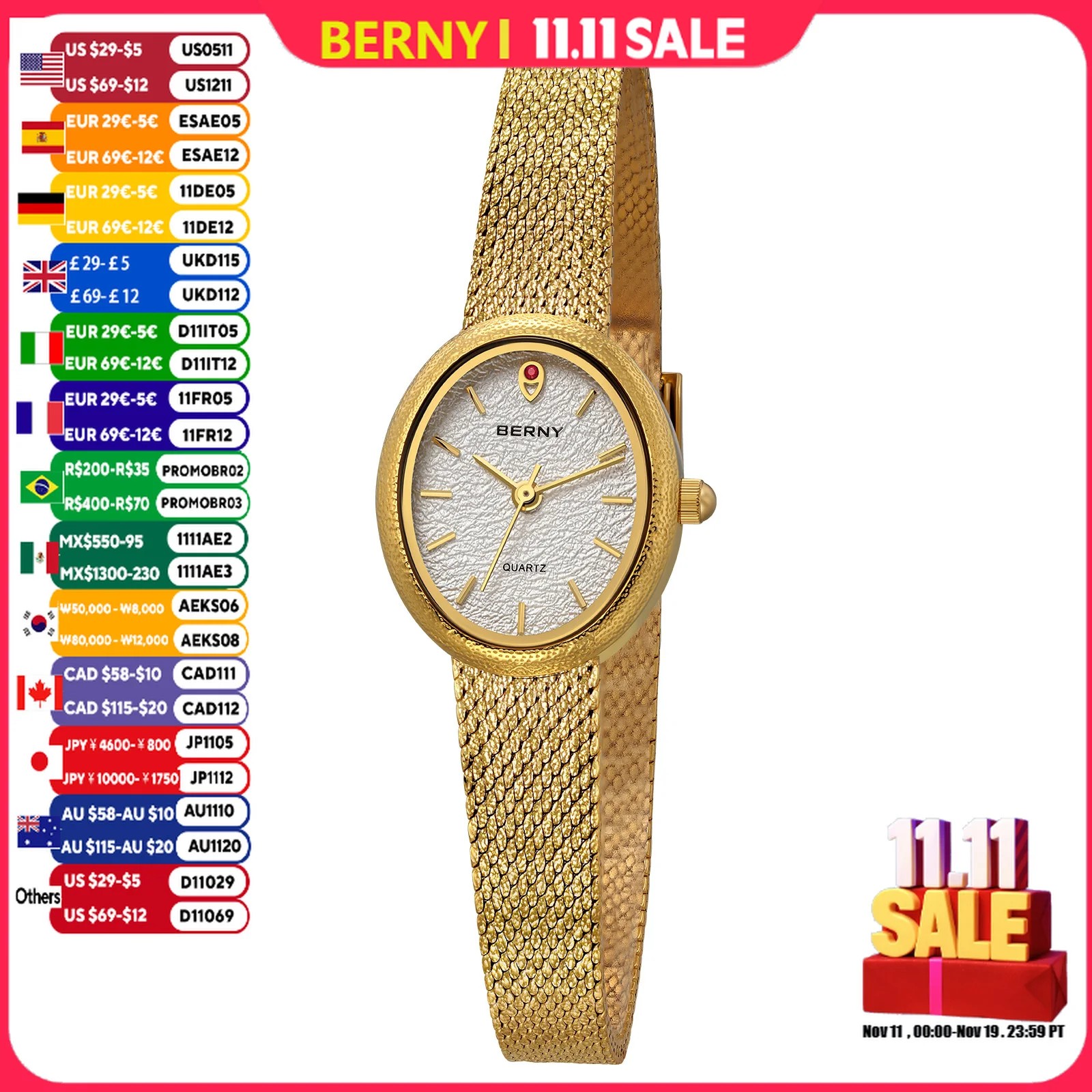 BERNY Women's Watches Fashion Luxury Ladies Golden Quartz Wristwatch Full Stainless Steel Oval Case Casual Dress Wristwatch