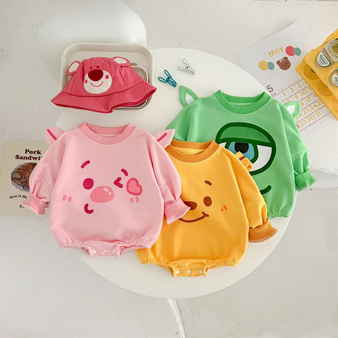 2024 Disney Winnie The Pooh Spring Baby Triangle Bag Fanny Coat Cartoon Treasure Bodysuits Pink Piglet Set Babe Clothing Rompers