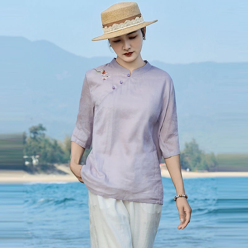

Chinese Style Women Ramie Shirt New 2026 Summer Vintage Mandarin Collar Floral Embroidery Female Half Sleeve Tops Shirts M2603