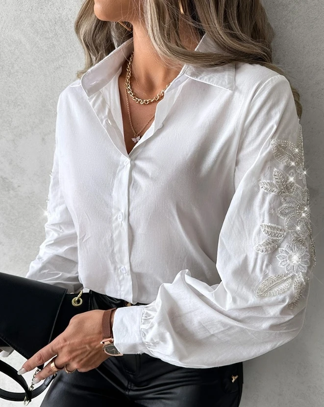 

Women's Shirt Elegant Casual Collar Long Sleeve Four Seasons Commuter Floral Sequein Embroidery Button Top