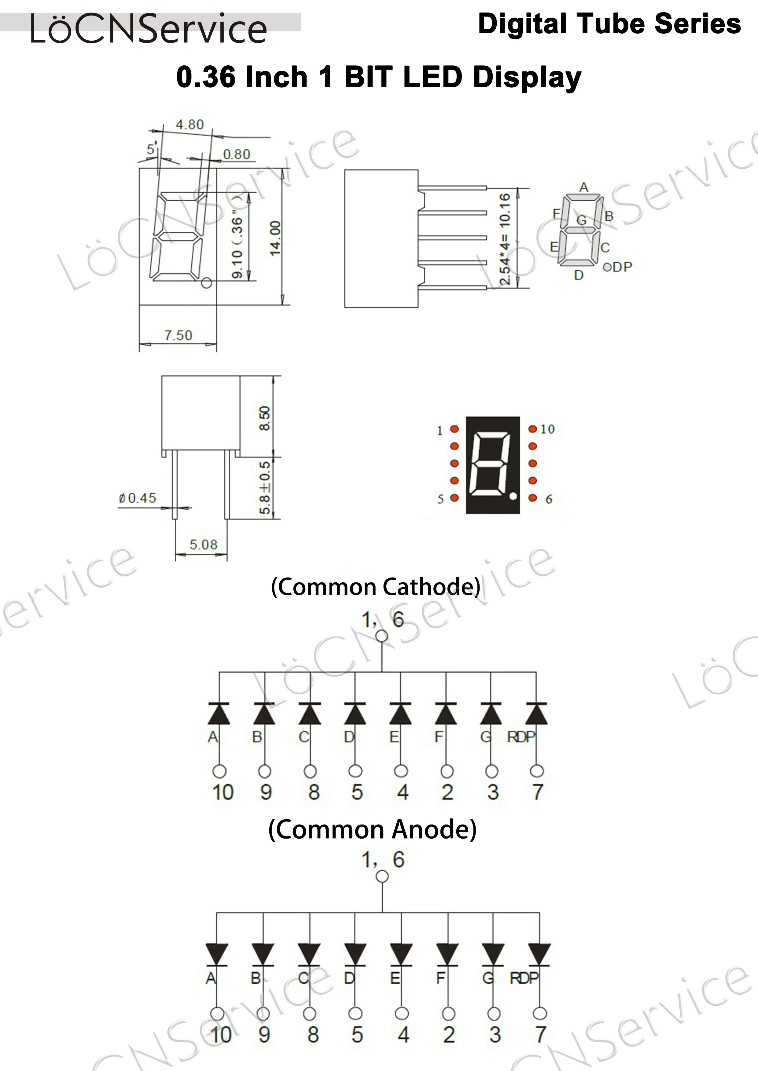 LoCNService 30 قطعة 0.36 بوصة العرض الرقمي أنبوب LED 1 بت الأحمر الأصفر الأخضر الأزرق الأبيض الأنود المشترك/الكاثود 7 قطعة 0.36 بوصة