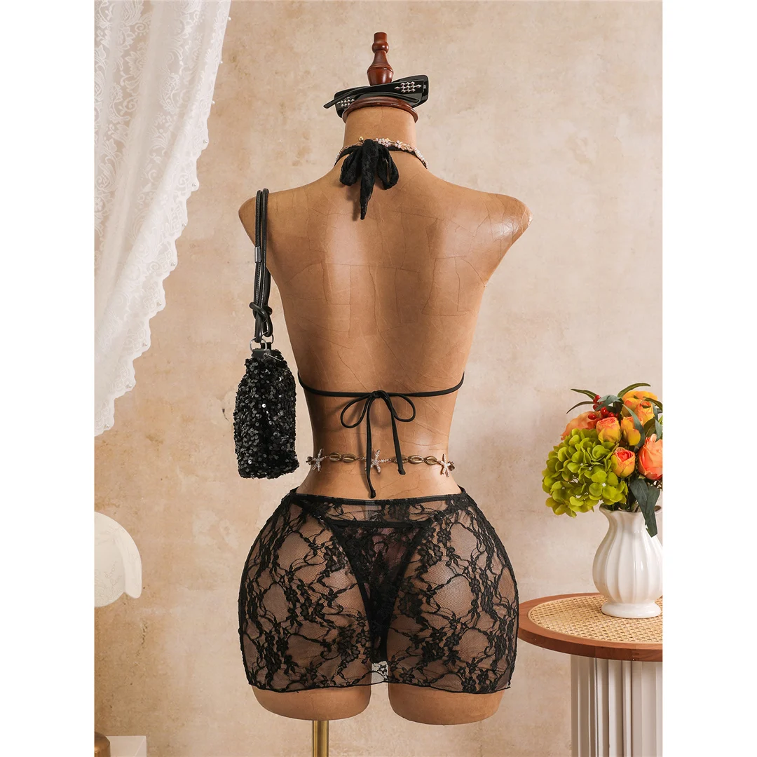 Mit Rock, Spitze, Neckholder-Bikini, Damen-Badeanzug, Damen-Bademode, dreiteiliges Bikini-Set, hoch geschnittene Beine, Badeanzug, Badebekleidung, Schwimmbekleidung V8418 – Detail 6