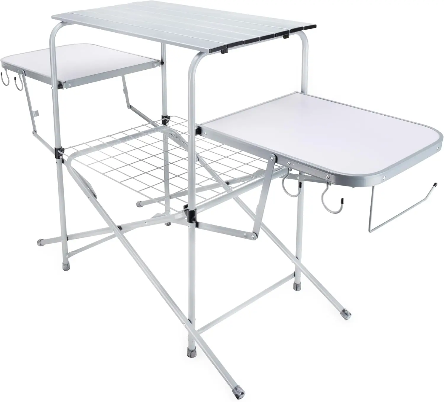 Portable Camping Grill Table Foldable Outdoor Cook Station With Side Shelves Paper Towel Holder Utensil Hooks Aluminum Top Carrying Bag Supporting Up To 100 Lbs
