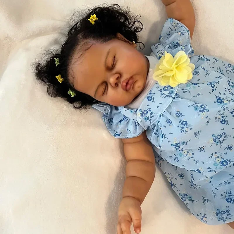 60CM Pickle Dark Skin Sleeping in Soft Cloth Body Lifelike Reborn Toddler Hand Rooted Hair Cuddly Baby Girl Doll Baby