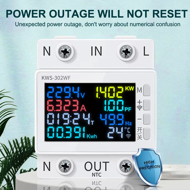 8in1 Power Meter Color Screen 2P Multi-function AC Energy Meter 170-270V/63A Voltage and Current Meter