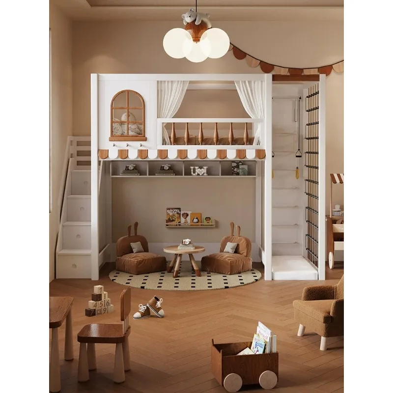 Upper and lower beds Solid wood beds, multi-functional tree house slide beds Empty single upper elevated bed under the bed