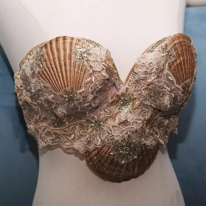 Personalizado sereia princesa vieira peito natural concha sutiã pérola sereia desempenho traje de dança do ventre
