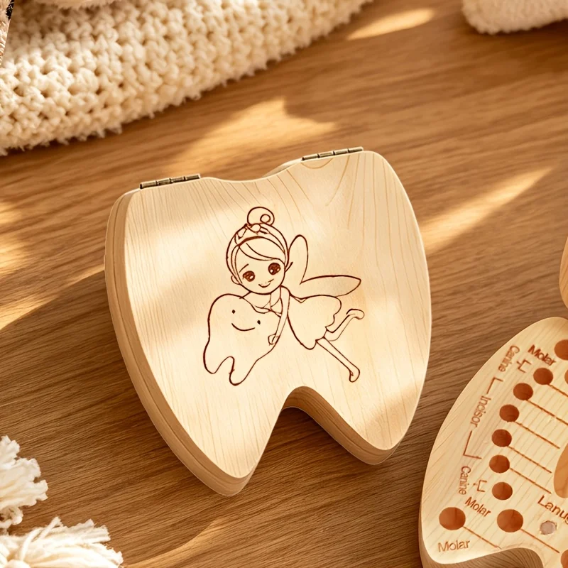 Wooden Storage Box Tooth Fairy Infant Deciduous Teeth Umbilical Cord First Haircut Memorial Crate Newborns Preserve Cherished 2D